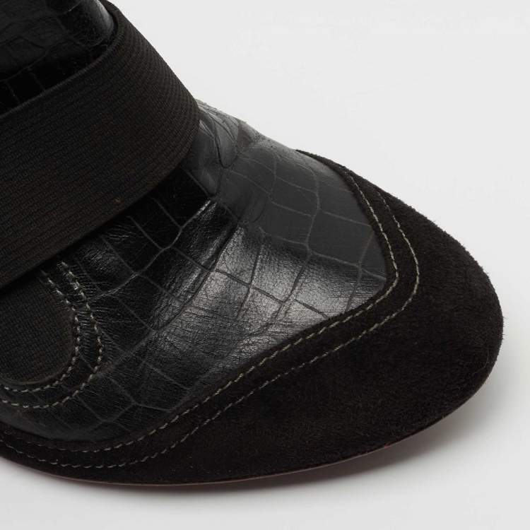 Pre Owned Roberto Cavalli Black Croc Embossed Leather and Suede Ankle Length Booties Size 37
