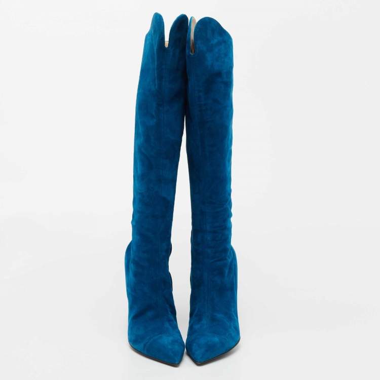 Pre Owned Roberto Cavalli Blue Suede Calf Length Boots Size 40