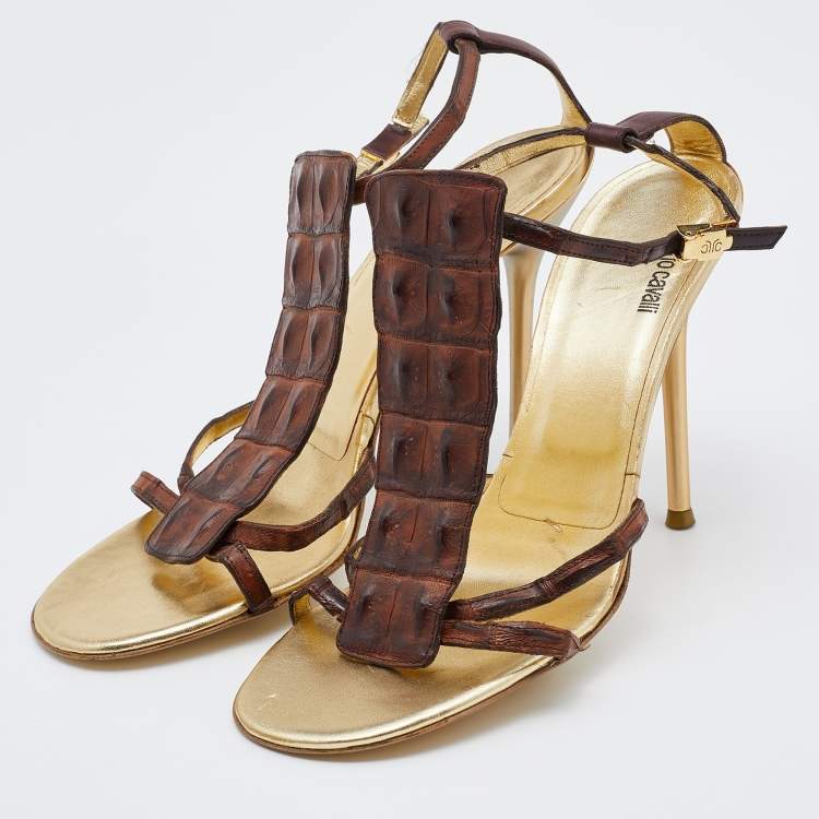 Pre Owned Roberto Cavalli Brown Crocodile Leather Ankle Strap Sandals Size 38