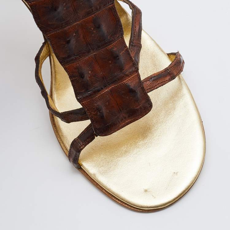 Pre Owned Roberto Cavalli Brown Crocodile Leather Ankle Strap Sandals Size 38