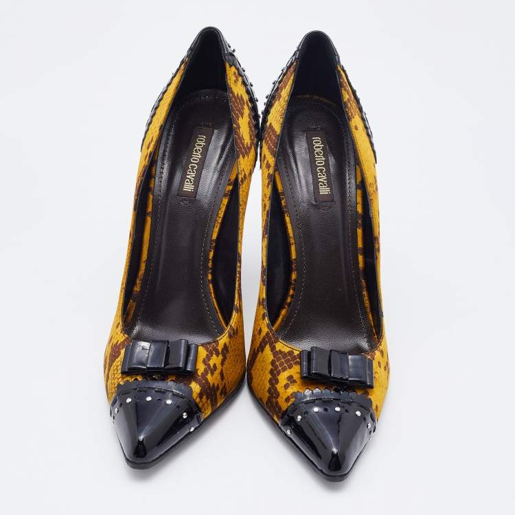 Pre Owned Roberto Cavalli Multicolor Snakeskin Print Satin and Patent Leather Bow Pumps Size 40