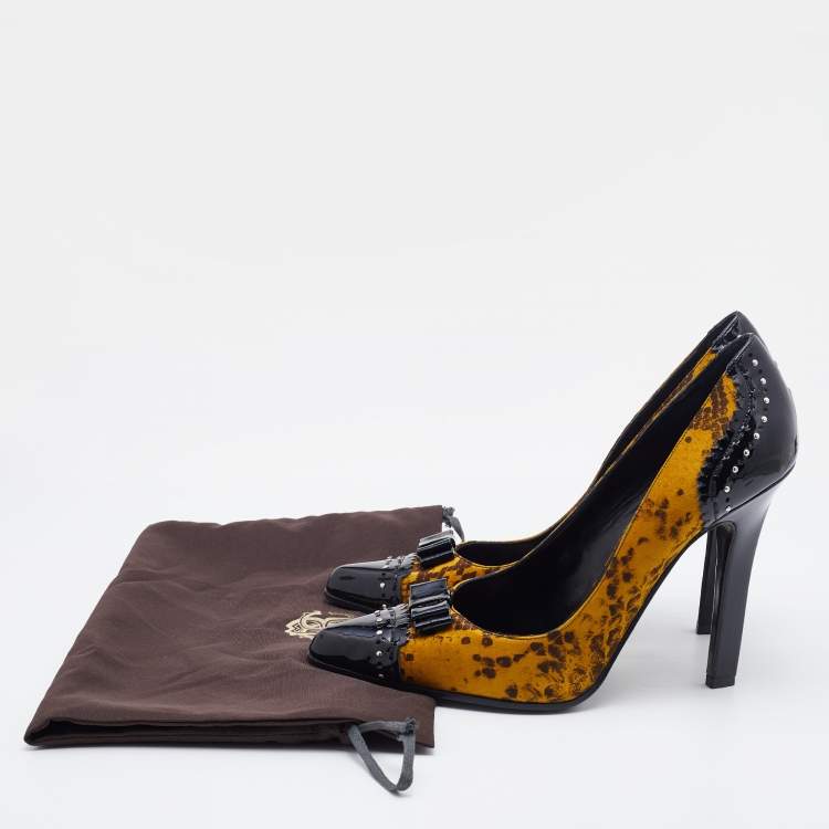 Pre Owned Roberto Cavalli Multicolor Snakeskin Print Satin and Patent Leather Bow Pumps Size 40
