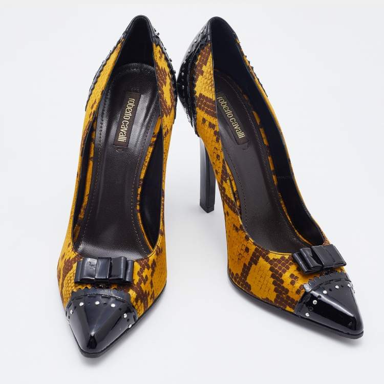 Pre Owned Roberto Cavalli Multicolor Snakeskin Print Satin and Patent Leather Bow Pumps Size 40