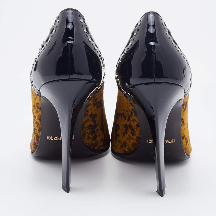 Pre Owned Roberto Cavalli Multicolor Snakeskin Print Satin and Patent Leather Bow Pumps Size 40