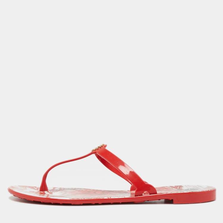 Pre Owned Roberto Cavalli Coral Red Rubber Thong Flats Size 41