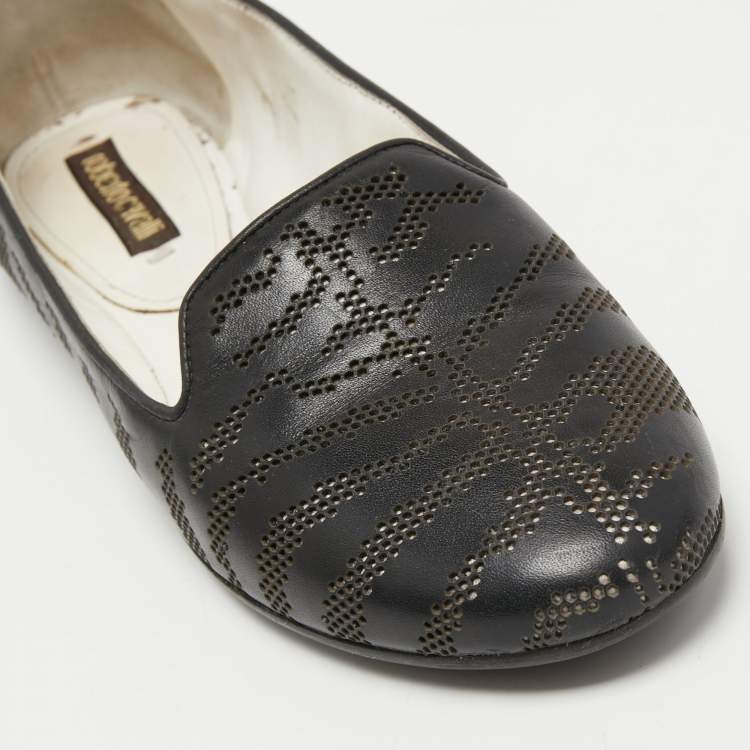 Pre Owned Roberto Cavalli Black Leather Laser Cut Ballet Flats Size 36