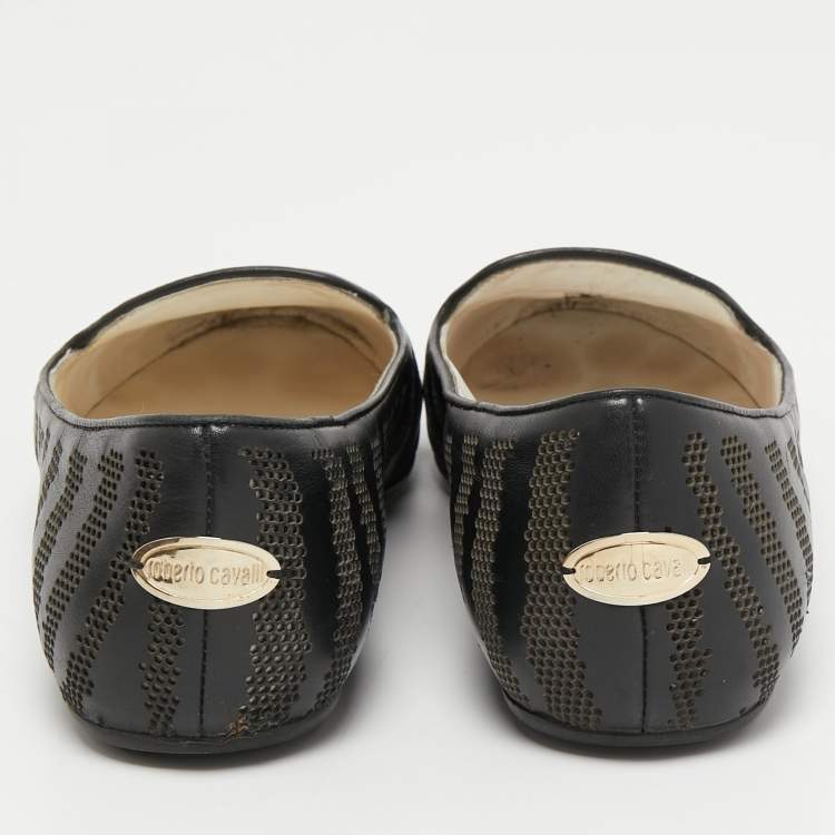 Pre Owned Roberto Cavalli Black Leather Laser Cut Ballet Flats Size 36