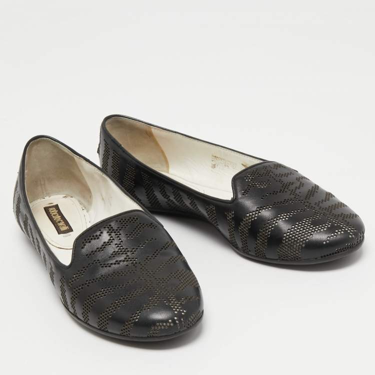 Pre Owned Roberto Cavalli Black Leather Laser Cut Ballet Flats Size 36