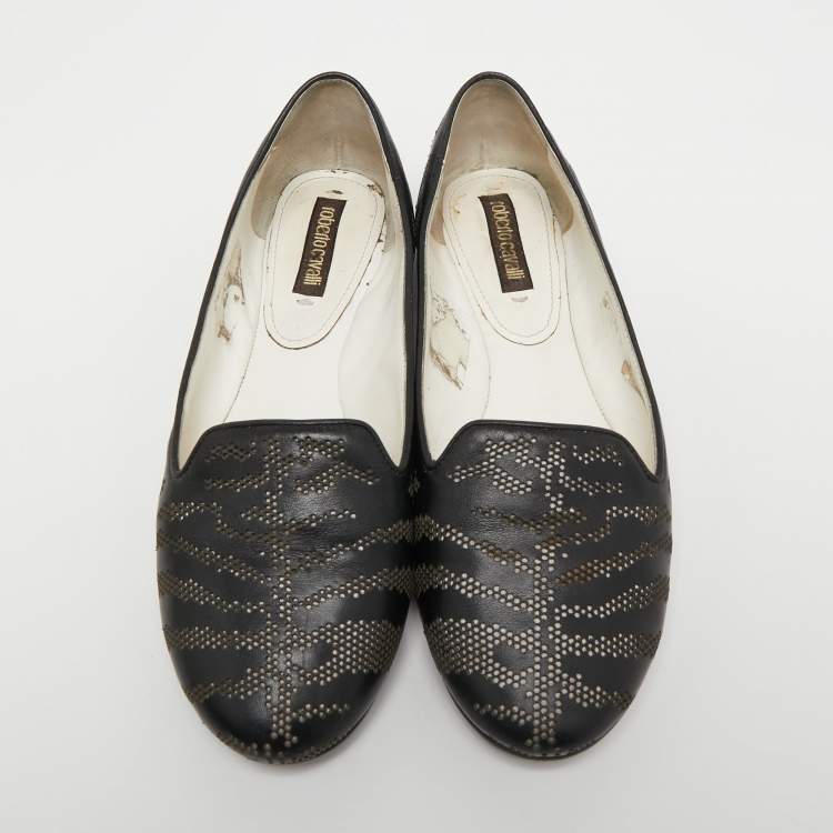 Pre Owned Roberto Cavalli Black Leather Laser Cut Ballet Flats Size 36
