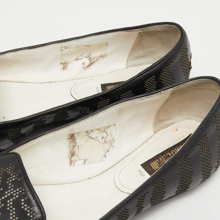 Pre Owned Roberto Cavalli Black Leather Laser Cut Ballet Flats Size 36