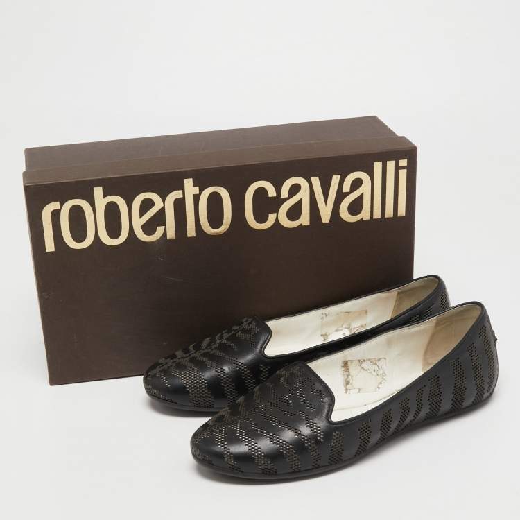 Pre Owned Roberto Cavalli Black Leather Laser Cut Ballet Flats Size 36