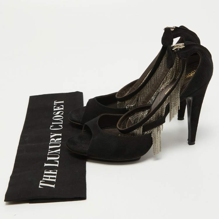 Pre Owned Roberto Cavalli Black Suede Chain Embellished Ankle Strap Sandals Size 37