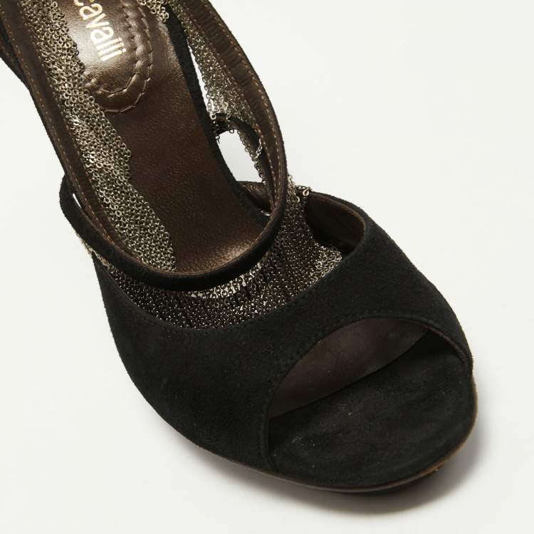 Pre Owned Roberto Cavalli Black Suede Chain Embellished Ankle Strap Sandals Size 37