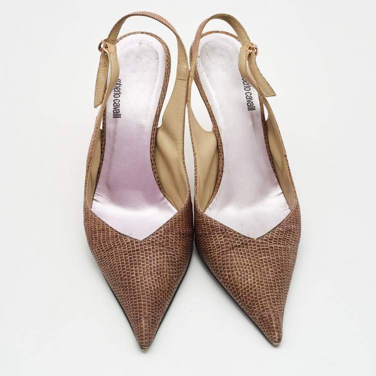 Pre Owned Roberto Cavalli Two Tone Lizard Print Fabric Slingback Pumps Size 40