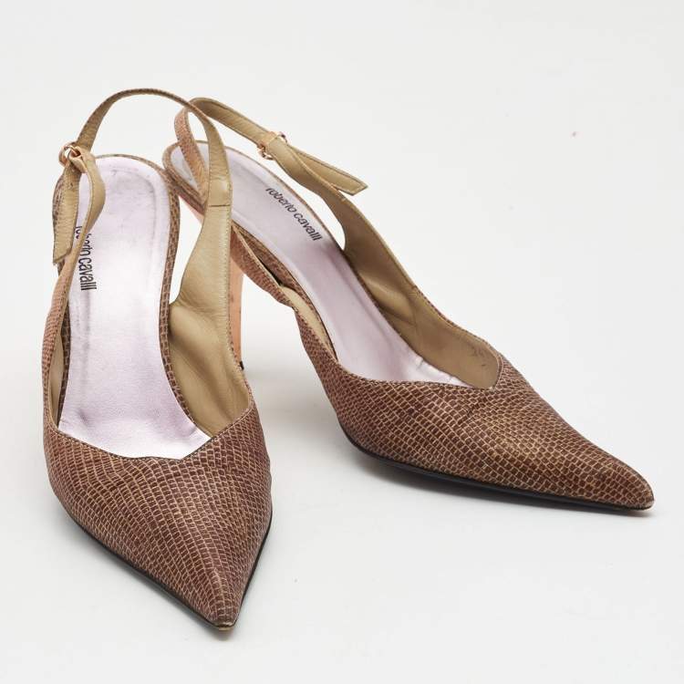 Pre Owned Roberto Cavalli Two Tone Lizard Print Fabric Slingback Pumps Size 40