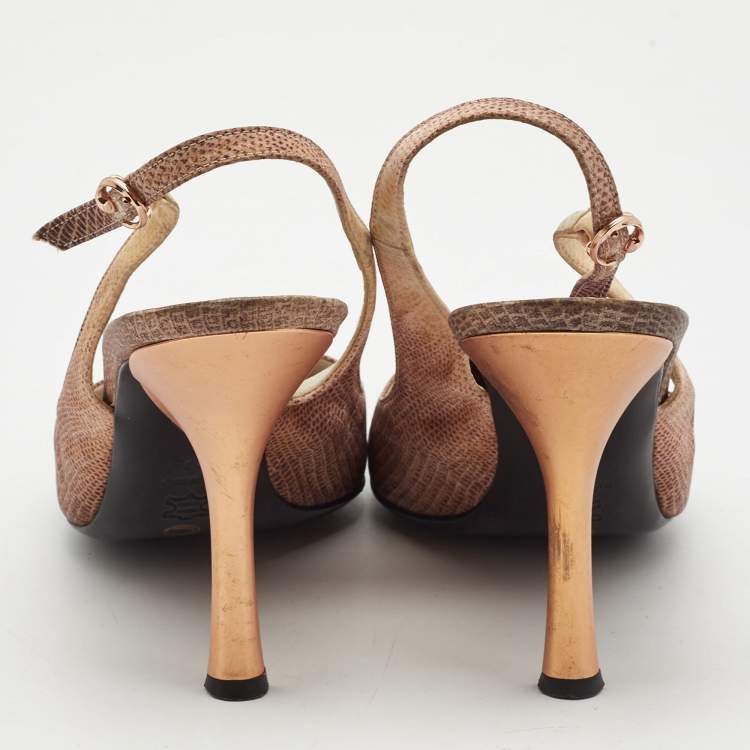 Pre Owned Roberto Cavalli Two Tone Lizard Print Fabric Slingback Pumps Size 40