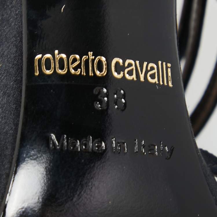 Pre Owned Roberto Cavalli Navy Blue Satin Crystal Embellished Ankle Strap Sandals Size 38