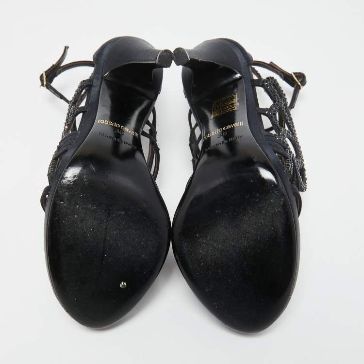 Pre Owned Roberto Cavalli Navy Blue Satin Crystal Embellished Ankle Strap Sandals Size 38