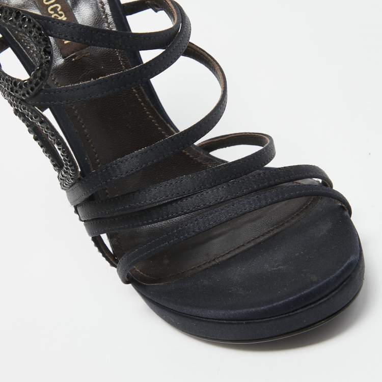 Pre Owned Roberto Cavalli Navy Blue Satin Crystal Embellished Ankle Strap Sandals Size 38