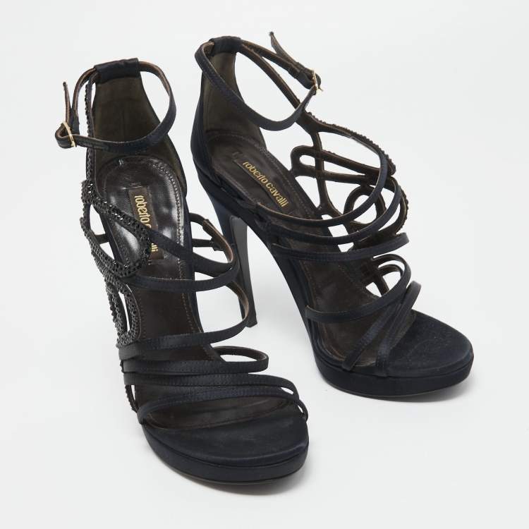Pre Owned Roberto Cavalli Navy Blue Satin Crystal Embellished Ankle Strap Sandals Size 38