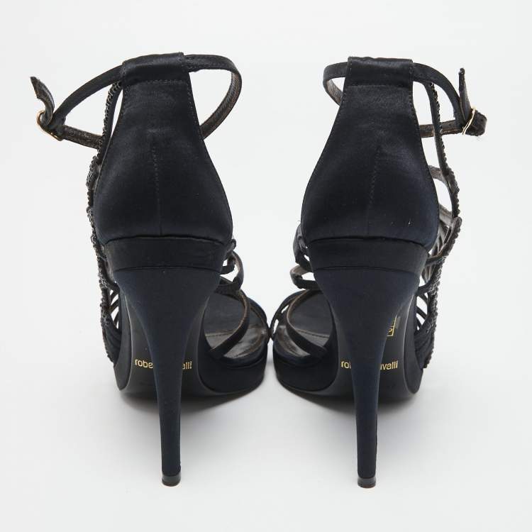 Pre Owned Roberto Cavalli Navy Blue Satin Crystal Embellished Ankle Strap Sandals Size 38