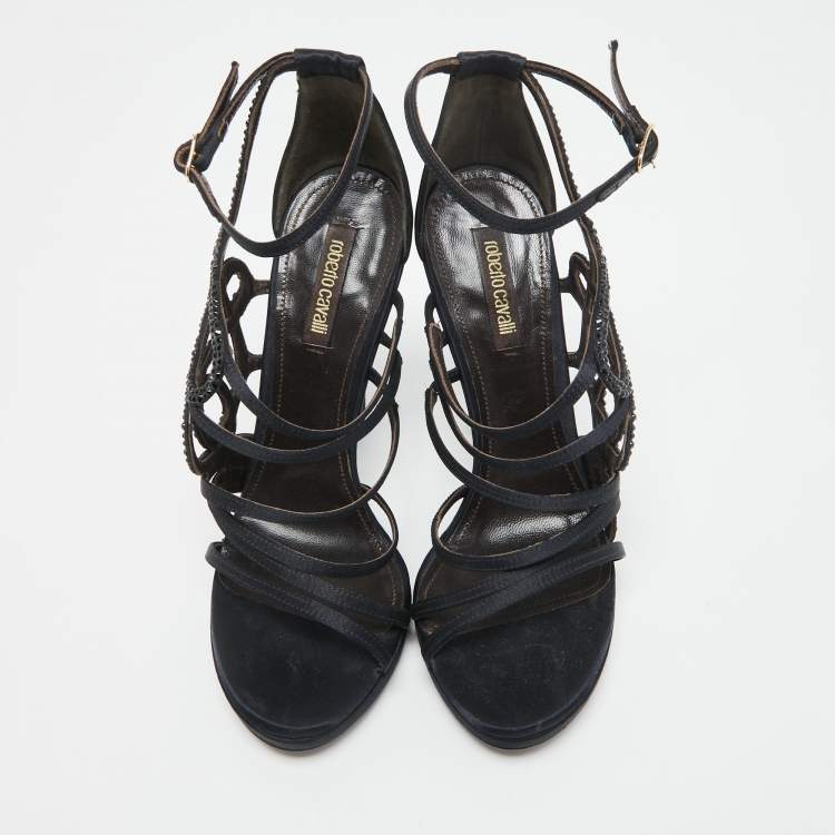 Pre Owned Roberto Cavalli Navy Blue Satin Crystal Embellished Ankle Strap Sandals Size 38