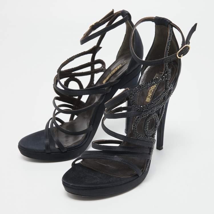 Pre Owned Roberto Cavalli Navy Blue Satin Crystal Embellished Ankle Strap Sandals Size 38