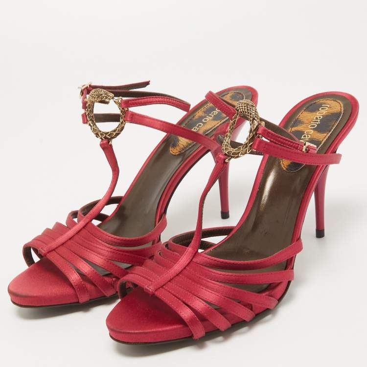 Pre Owned Roberto Cavalli Burgundy Satin Snake T-Bar Ankle Strap Sandals Size 39