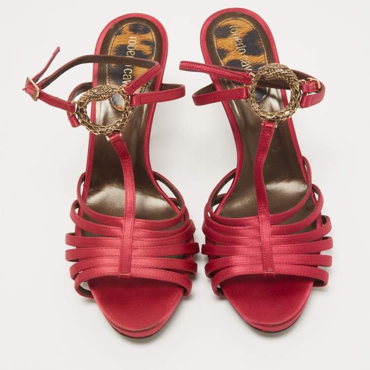 Pre Owned Roberto Cavalli Burgundy Satin Snake T-Bar Ankle Strap Sandals Size 39