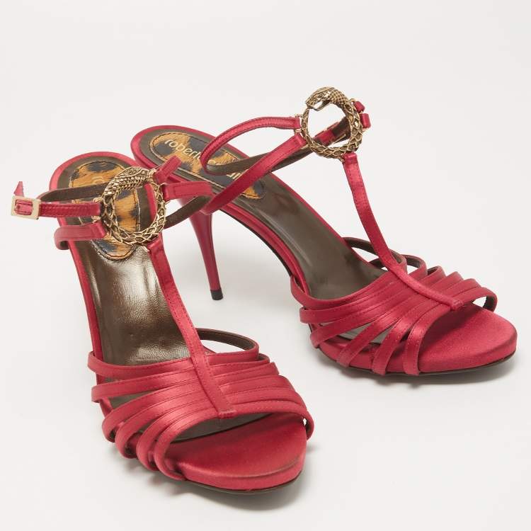 Pre Owned Roberto Cavalli Burgundy Satin Snake T-Bar Ankle Strap Sandals Size 39