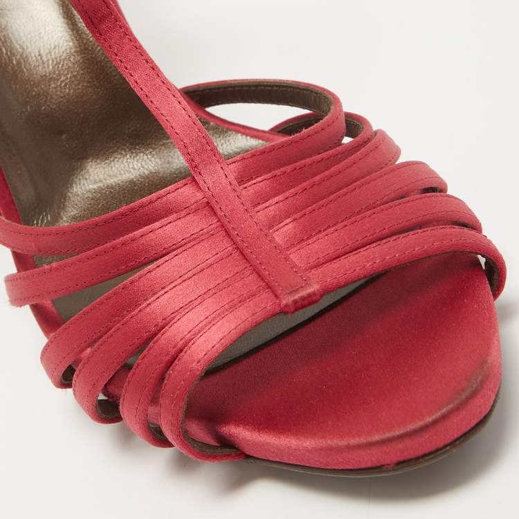 Pre Owned Roberto Cavalli Burgundy Satin Snake T-Bar Ankle Strap Sandals Size 39