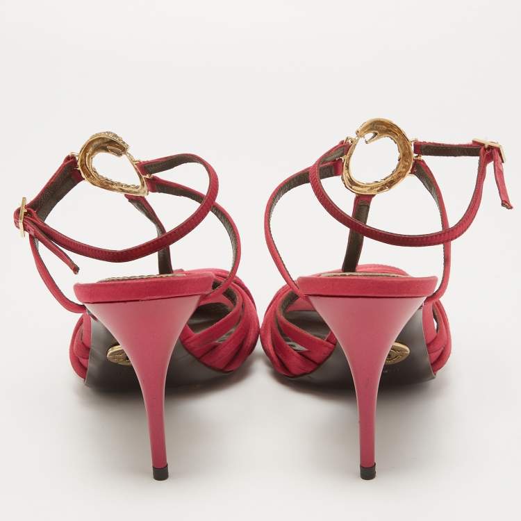Pre Owned Roberto Cavalli Burgundy Satin Snake T-Bar Ankle Strap Sandals Size 39
