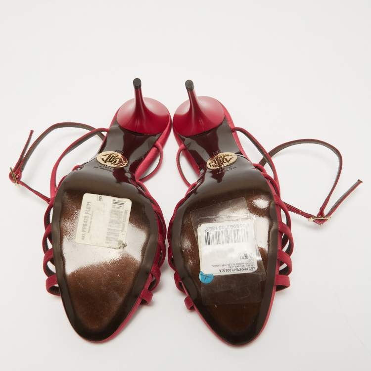 Pre Owned Roberto Cavalli Burgundy Satin Snake T-Bar Ankle Strap Sandals Size 39