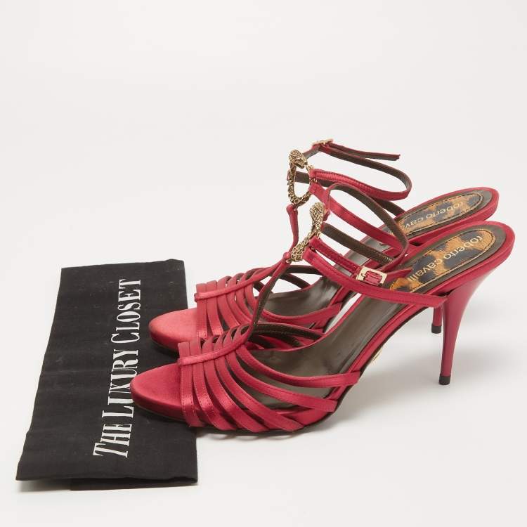 Pre Owned Roberto Cavalli Burgundy Satin Snake T-Bar Ankle Strap Sandals Size 39