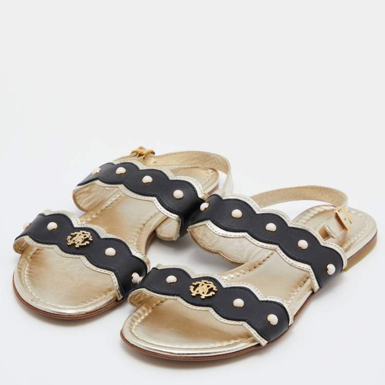 Pre Owned Roberto Cavalli Black/Gold Leather Embellished Scalloped Flat Sandals Size 39