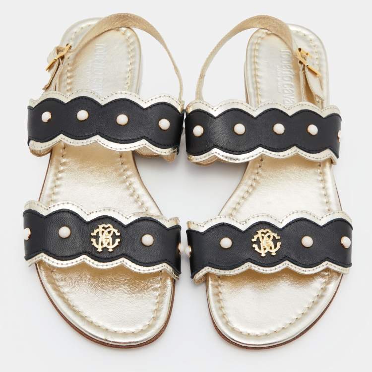 Pre Owned Roberto Cavalli Black/Gold Leather Embellished Scalloped Flat Sandals Size 39
