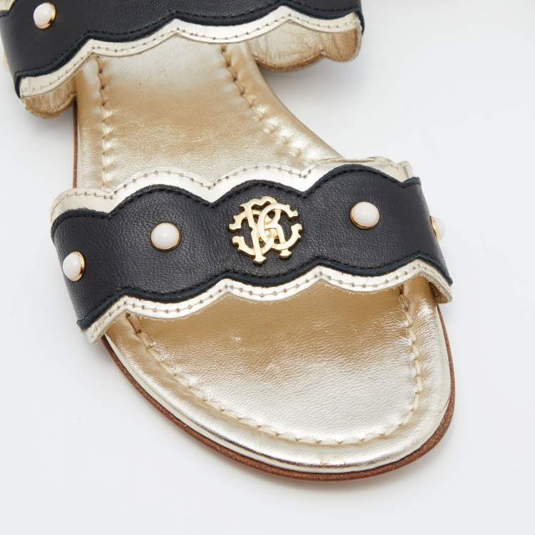 Pre Owned Roberto Cavalli Black/Gold Leather Embellished Scalloped Flat Sandals Size 39