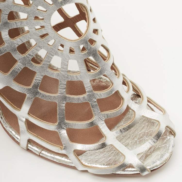 Pre Owned Roberto Cavalli Silver Cutout Leather Spider Web Cage Booties Size 38.5