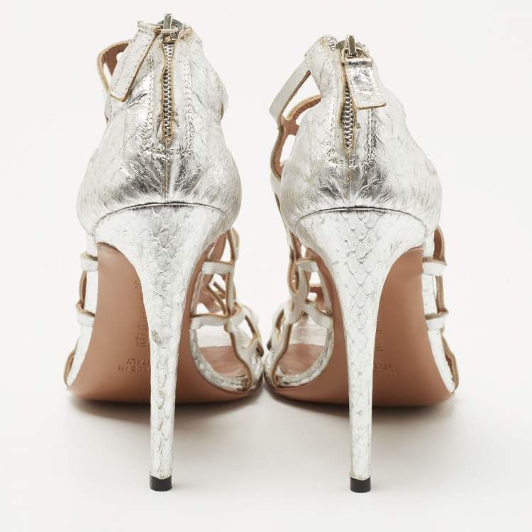 Pre Owned Roberto Cavalli Silver Cutout Leather Spider Web Cage Booties Size 38.5