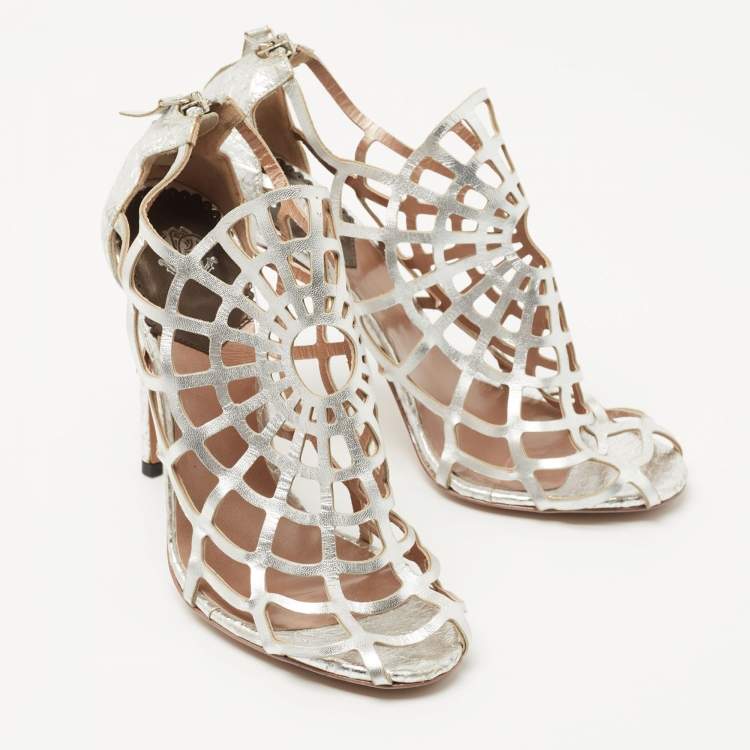 Pre Owned Roberto Cavalli Silver Cutout Leather Spider Web Cage Booties Size 38.5