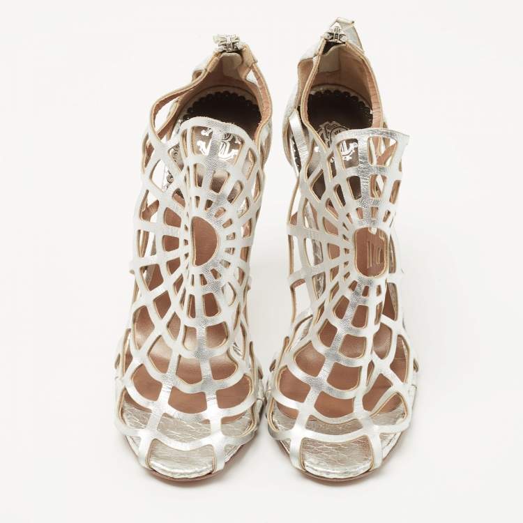 Pre Owned Roberto Cavalli Silver Cutout Leather Spider Web Cage Booties Size 38.5