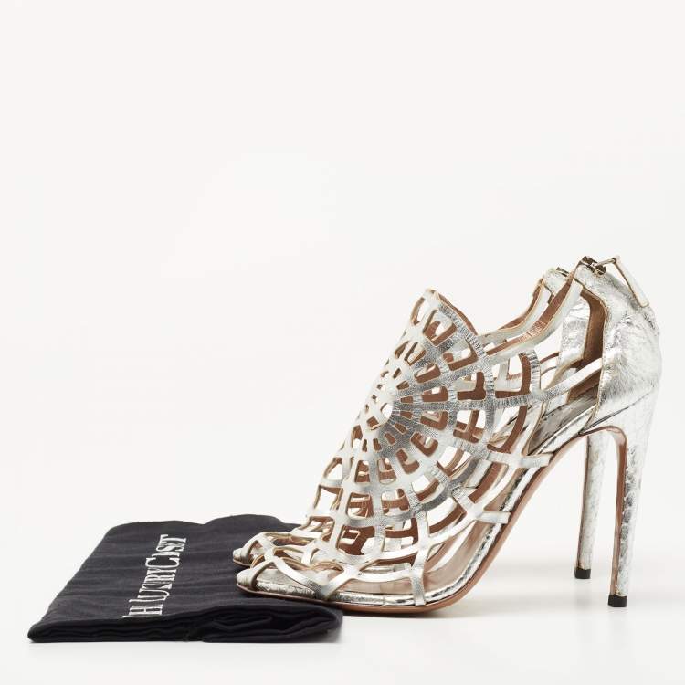 Pre Owned Roberto Cavalli Silver Cutout Leather Spider Web Cage Booties Size 38.5