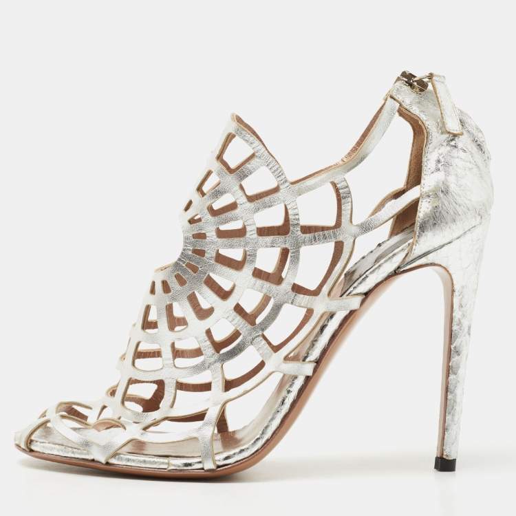 Pre Owned Roberto Cavalli Silver Cutout Leather Spider Web Cage Booties Size 38.5