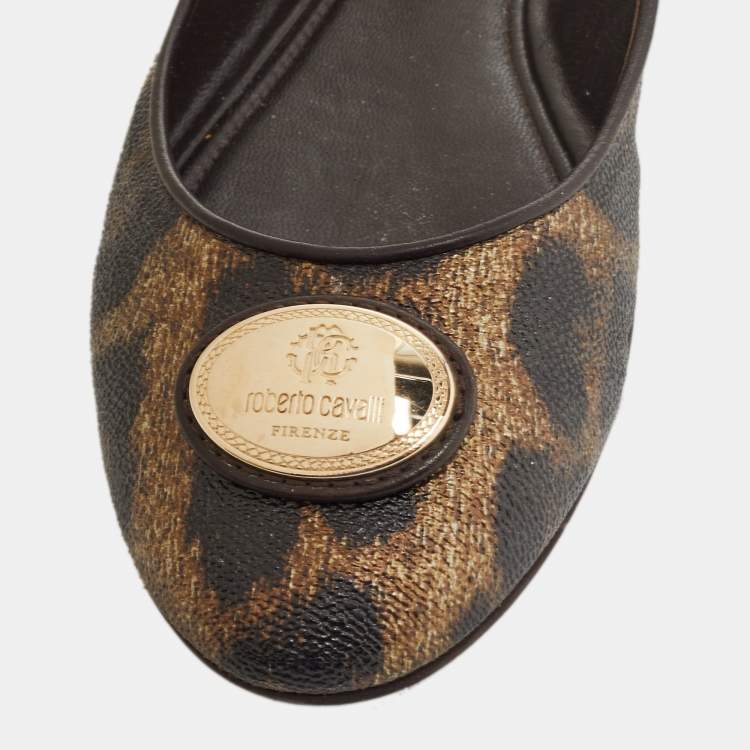 Pre Owned Roberto Cavalli Brown Leather and Canvas Animal Print Ballet Flats Size 41