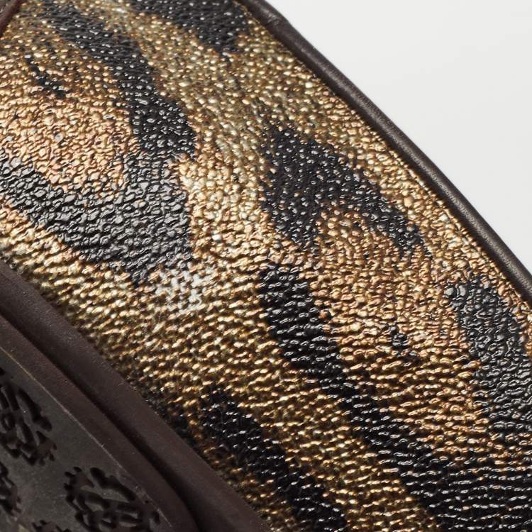 Pre Owned Roberto Cavalli Brown Leather and Canvas Animal Print Ballet Flats Size 41