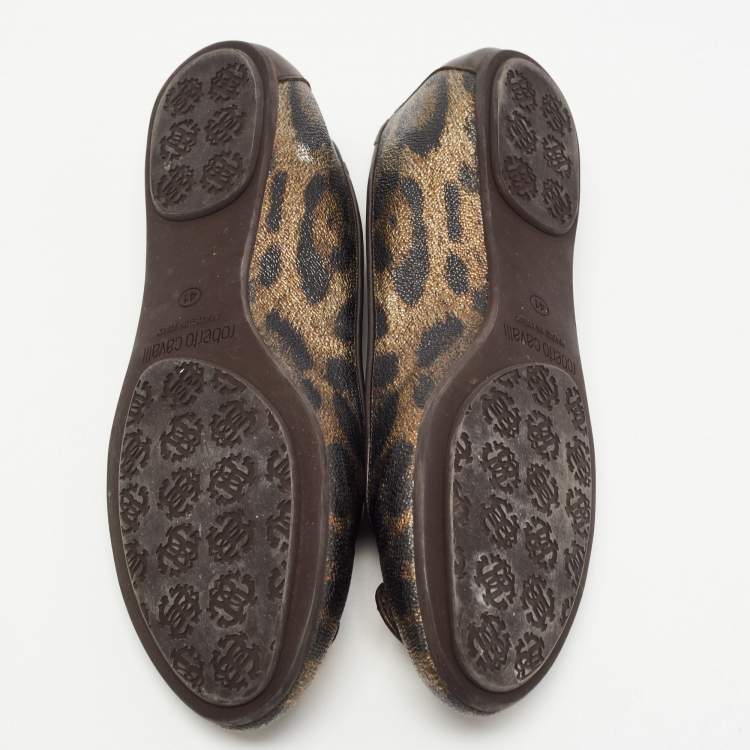 Pre Owned Roberto Cavalli Brown Leather and Canvas Animal Print Ballet Flats Size 41
