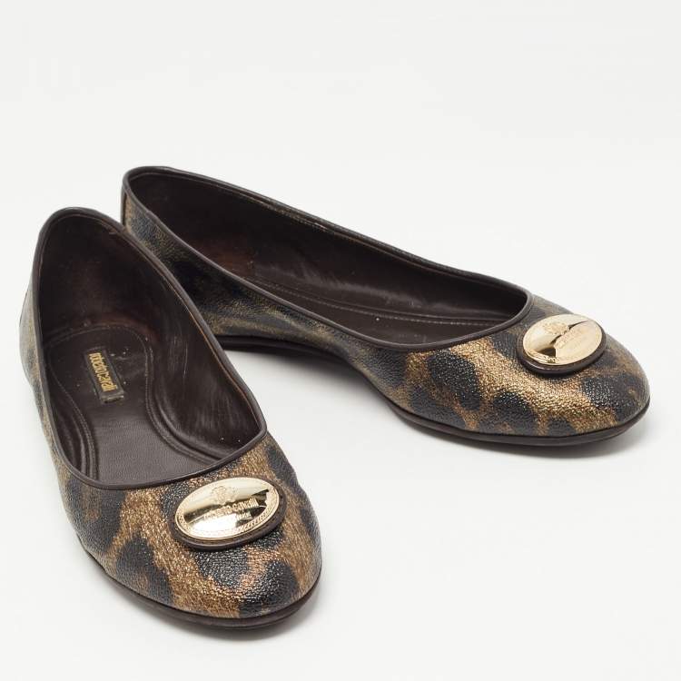 Pre Owned Roberto Cavalli Brown Leather and Canvas Animal Print Ballet Flats Size 41