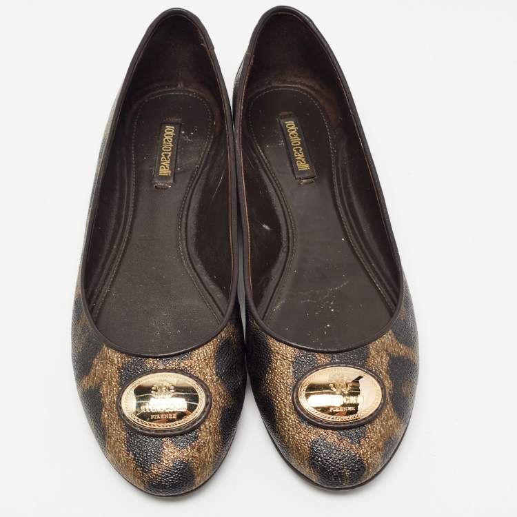 Pre Owned Roberto Cavalli Brown Leather and Canvas Animal Print Ballet Flats Size 41