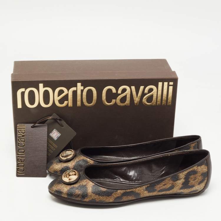 Pre Owned Roberto Cavalli Brown Leather and Canvas Animal Print Ballet Flats Size 41