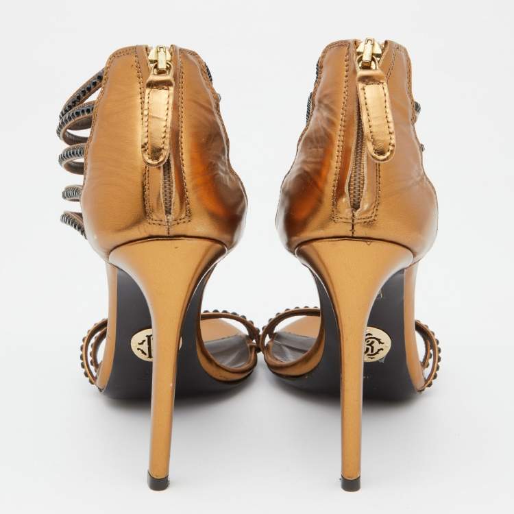 Pre Owned Roberto Cavalli Gold Leather Ankle Strap Sandals Size Size 37